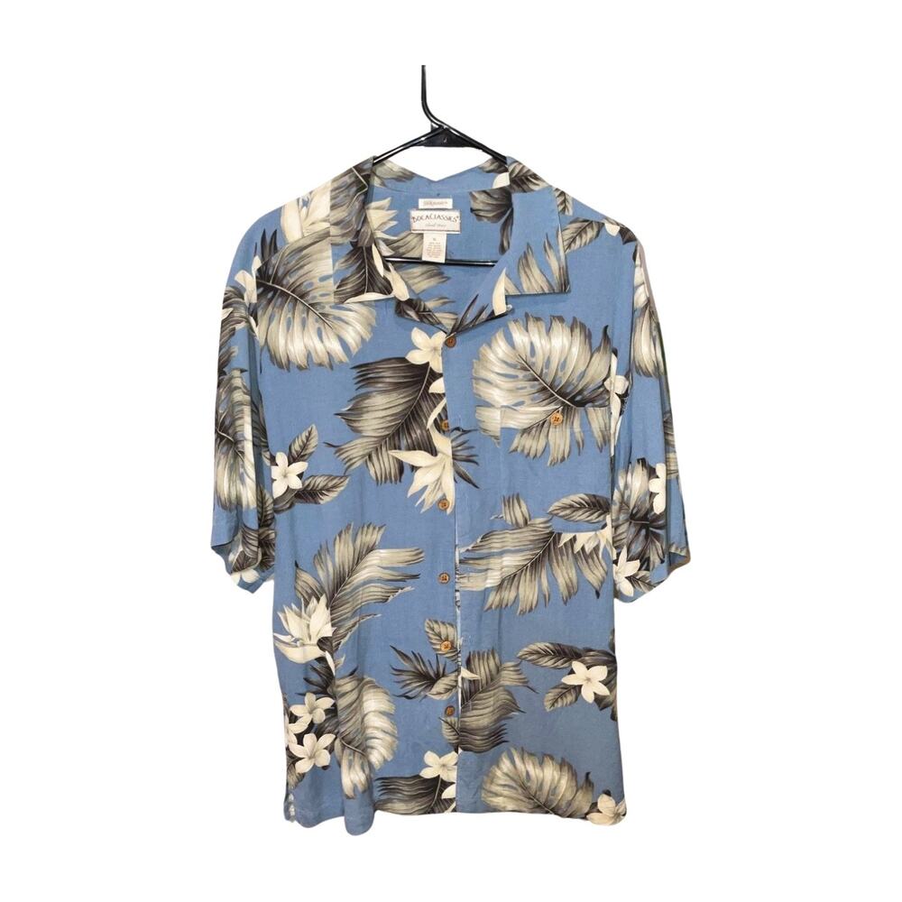 Silk Nosic Boca Classics Blue, Cream Hawaiian Palm Leaf Print Button Up Size XL